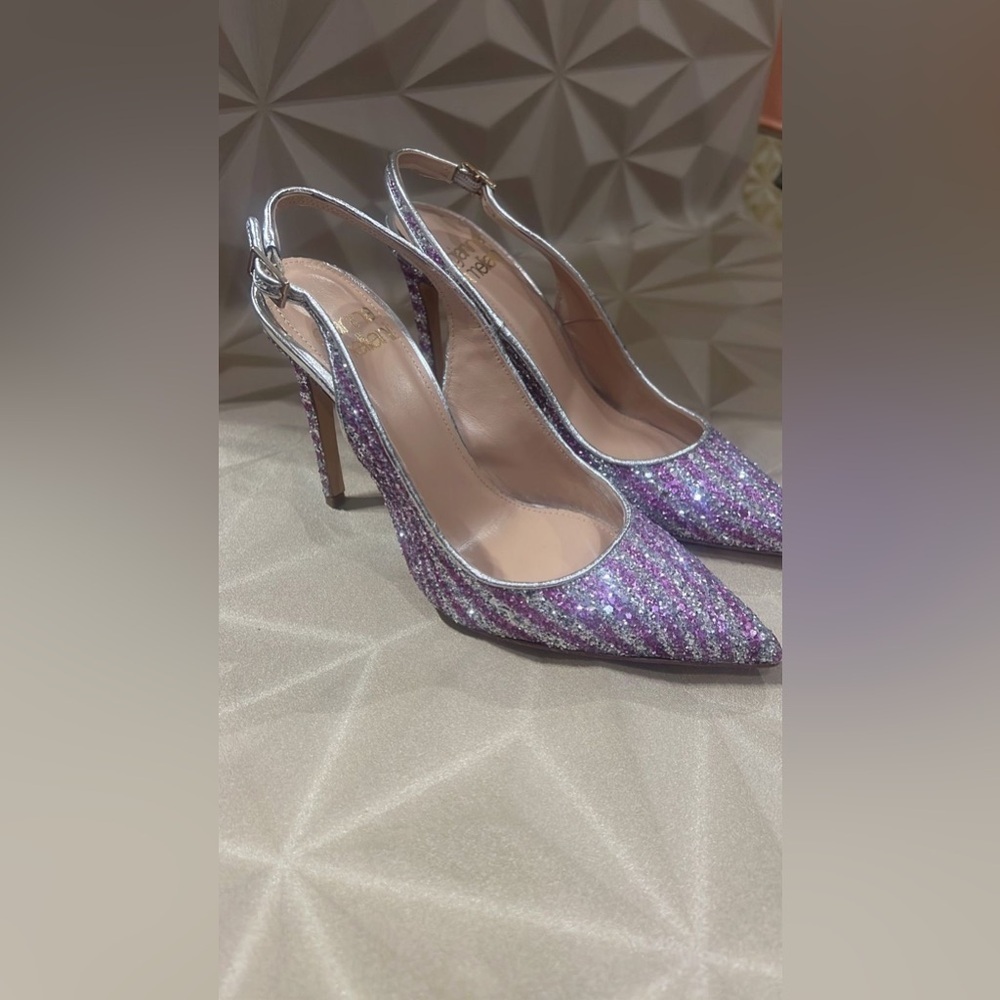 Holiday Party Ready Nwt Gianna Melani Purple Silver Glitter Stiletto Heels Italy